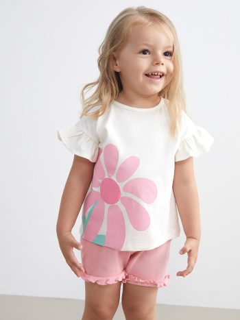 LCW Baby Beige Floral Girls' Blouse and Shorts Set