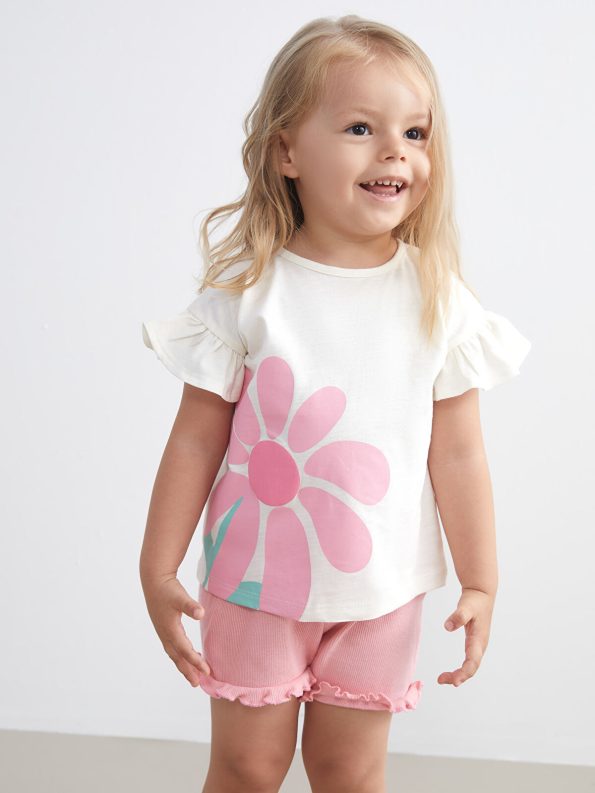 LCW Baby Beige Floral Girls' Blouse and Shorts Set
