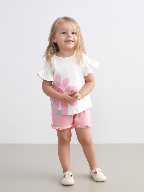 LCW Baby Beige Floral Girls' Blouse and Shorts Set