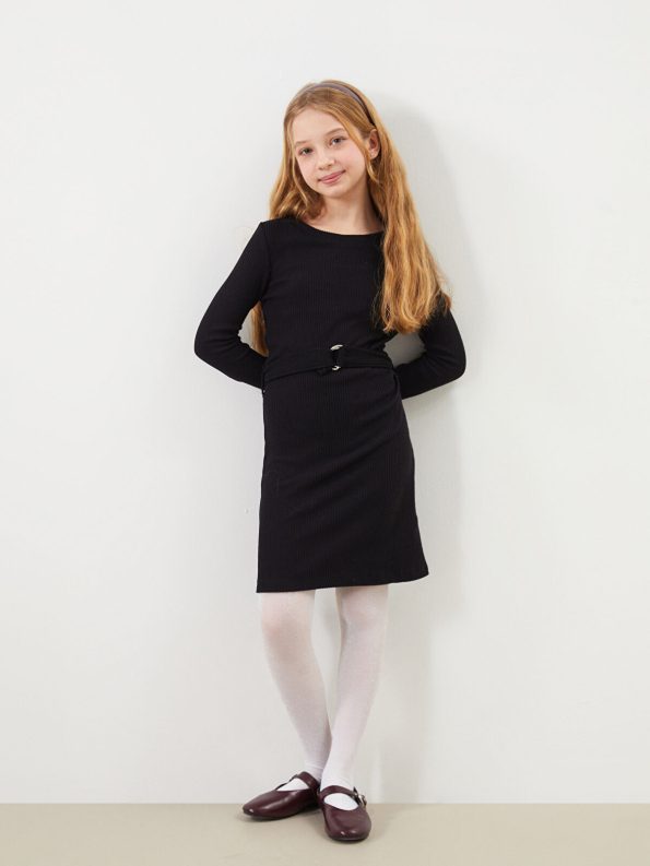 LCW Kids Black Crew Neck Dress for Girls