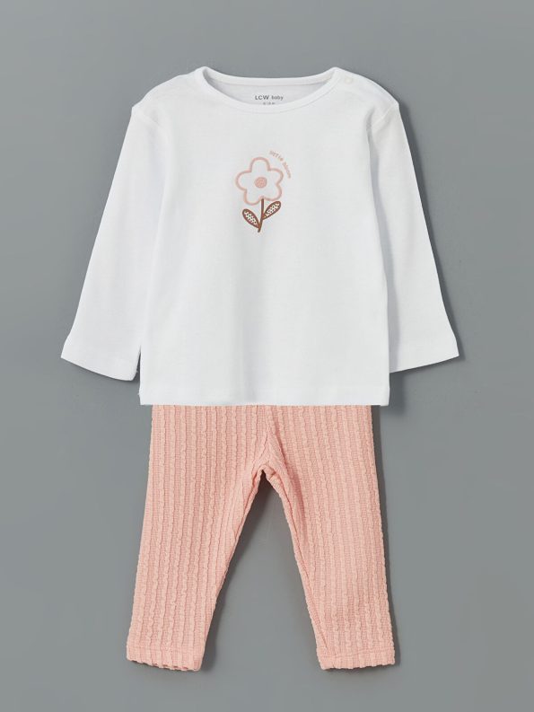 LCW Baby Ivory Bicycle Neck Girl Baby T-Shirt and Leggings Set