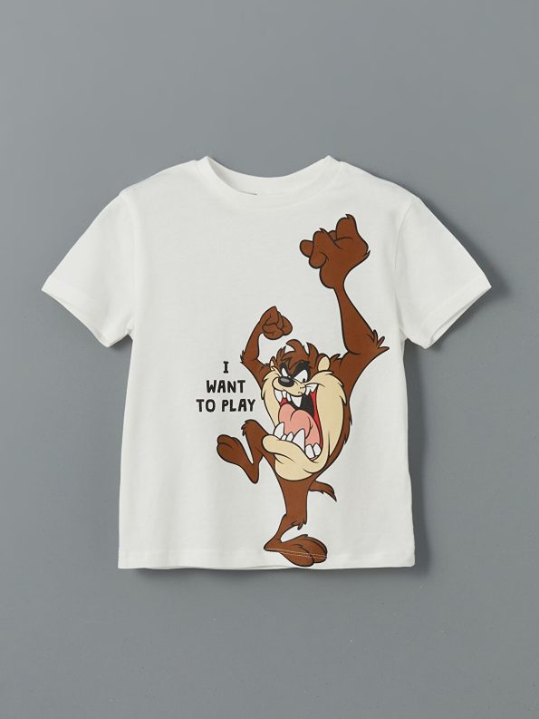 LCW Baby Cream Tasmanian Devil Printed Boys T-Shirt and Shorts Set