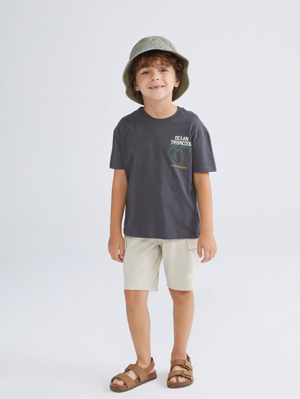 LCW Kids Anthracite Printed Boys' T-Shirt and Pocket Shorts Set