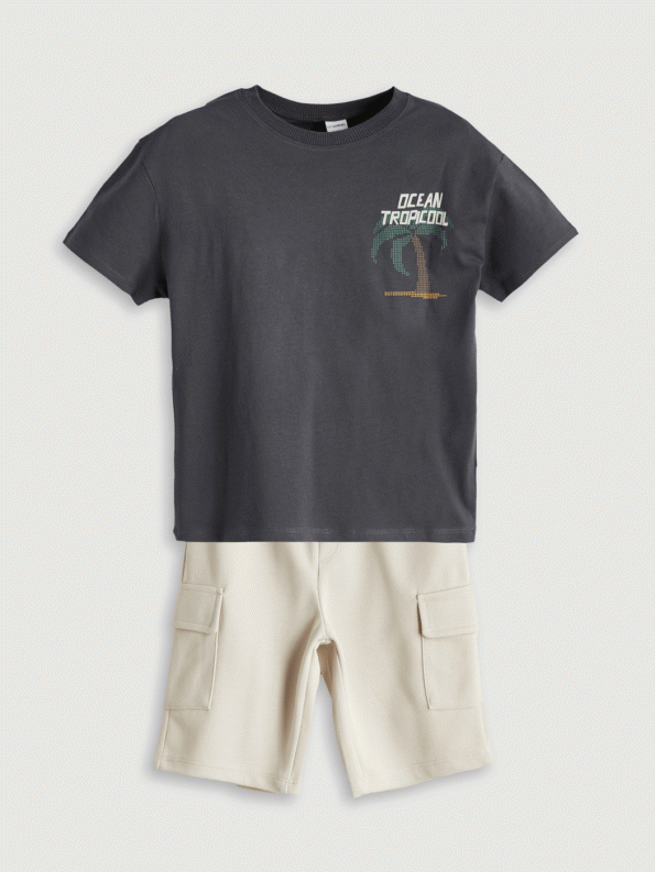 LCW Kids Anthracite Printed Boys' T-Shirt and Pocket Shorts Set