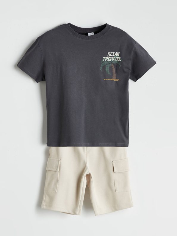 LCW Kids Anthracite Printed Boys' T-Shirt and Pocket Shorts Set
