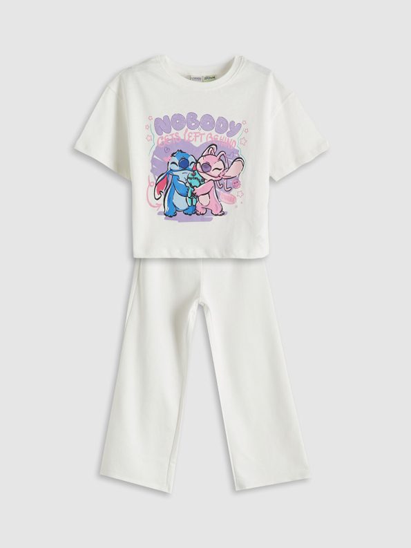 LCW Kids Cream Short Sleeve Lilo & Stitch T-Shirt and Wide Leg Pants Set