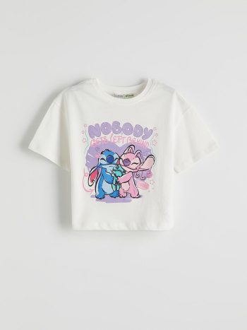 LCW Kids Cream Short Sleeve Lilo & Stitch T-Shirt and Wide Leg Pants Set