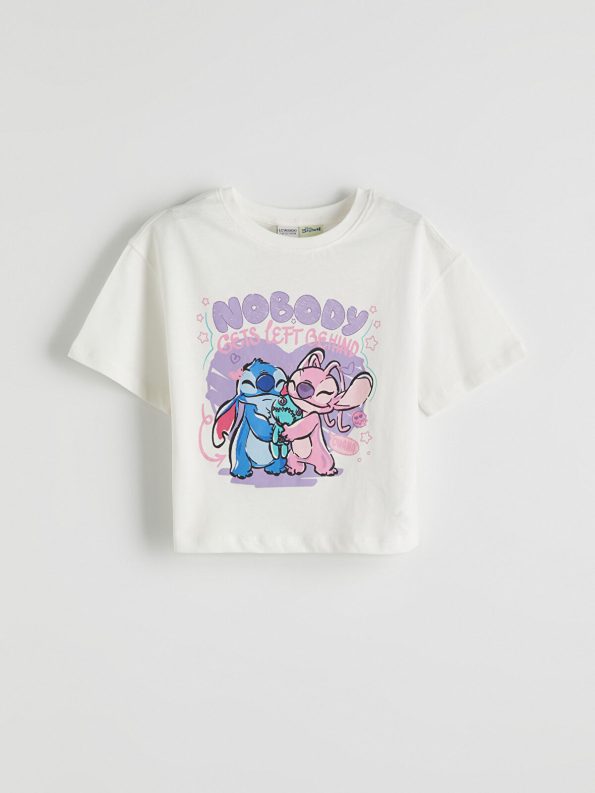 LCW Kids Cream Short Sleeve Lilo & Stitch T-Shirt and Wide Leg Pants Set