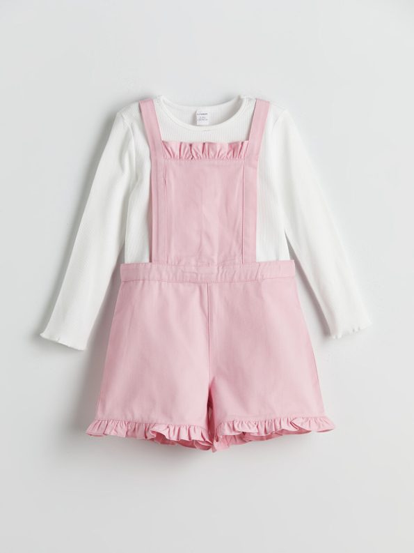 LCW Kids Pink Long Sleeve Basic T-Shirt and Dungaree Set