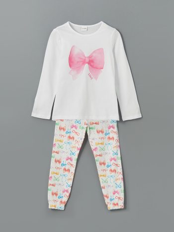 LCW Kids White Round Neck Bow Printed Girls Pajama Set