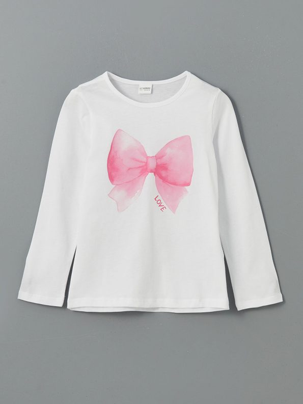 LCW Kids White Round Neck Bow Printed Girls Pajama Set