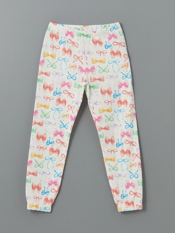 LCW Kids White Round Neck Bow Printed Girls Pajama Set