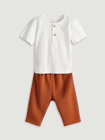 LCW Baby Cream Crew Neck Baby Boy T-Shirt and Pants Set