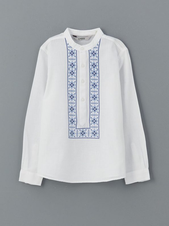 LCW Kids White Mandarin Collar Patterned Boys' Shirt