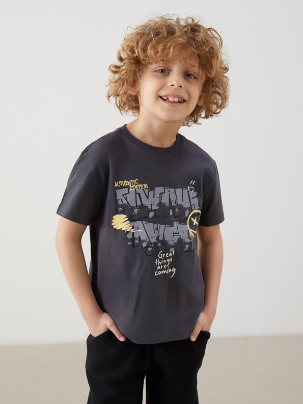 LCW Kids Anthracite Crew Neck Printed T-Shirt