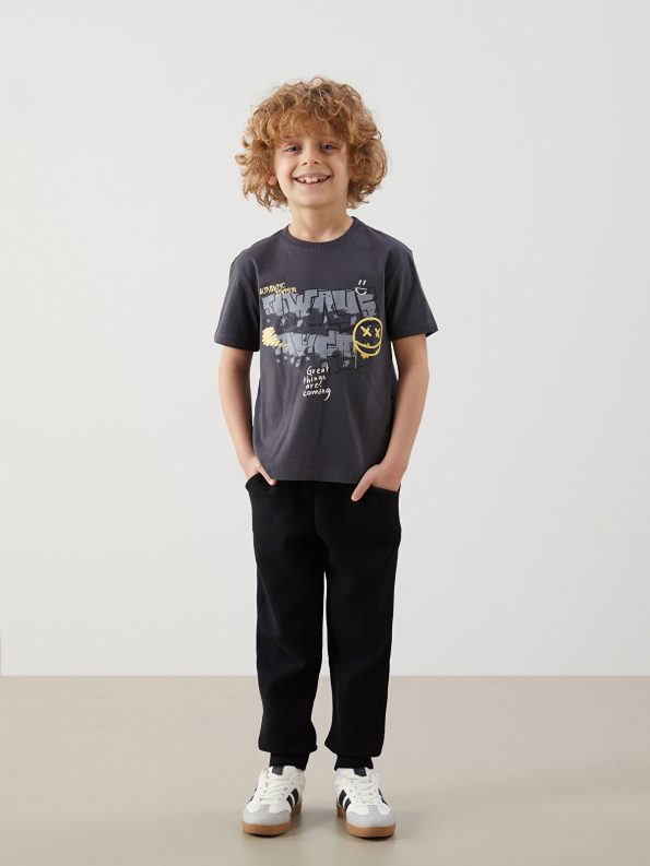 LCW Kids Anthracite Crew Neck Printed T-Shirt