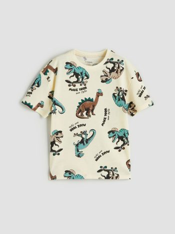 LCW Kids Beige Dinosaur Print Boys' T-Shirt and Shorts Set