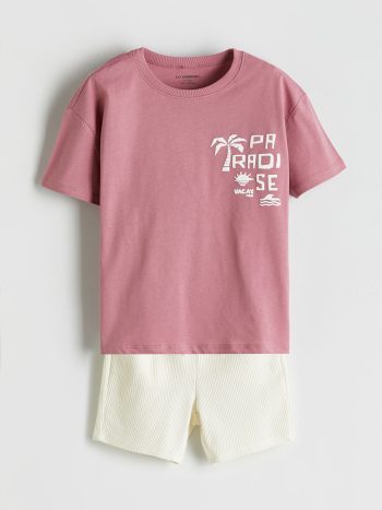 LCW Kids Pink Printed T-Shirt and Shorts Set for Boys