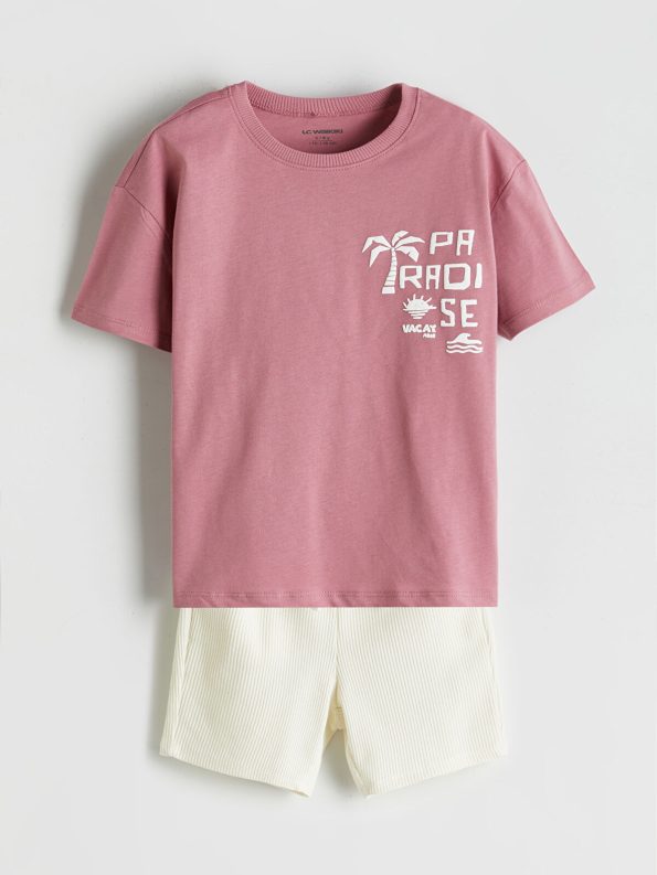 LCW Kids Pink Printed T-Shirt and Shorts Set for Boys