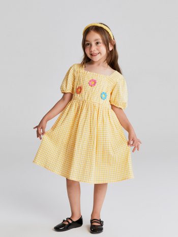LCW Baby Orange Square Neck Short Sleeve Checkered Dress