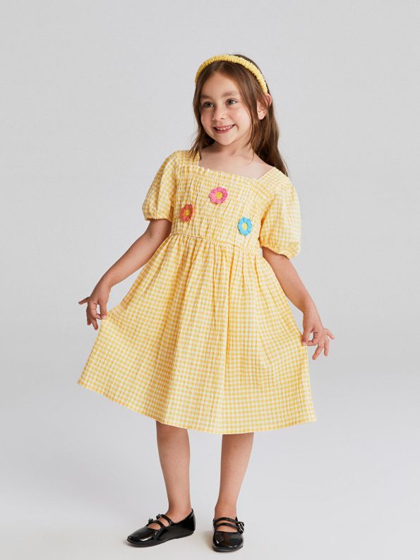 LCW Baby Orange Square Neck Short Sleeve Checkered Dress