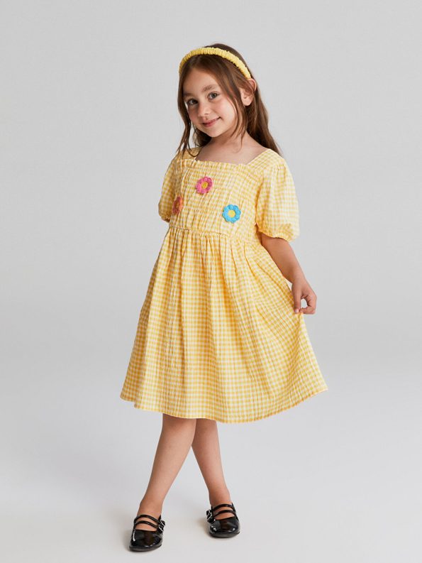 LCW Baby Orange Square Neck Short Sleeve Checkered Dress