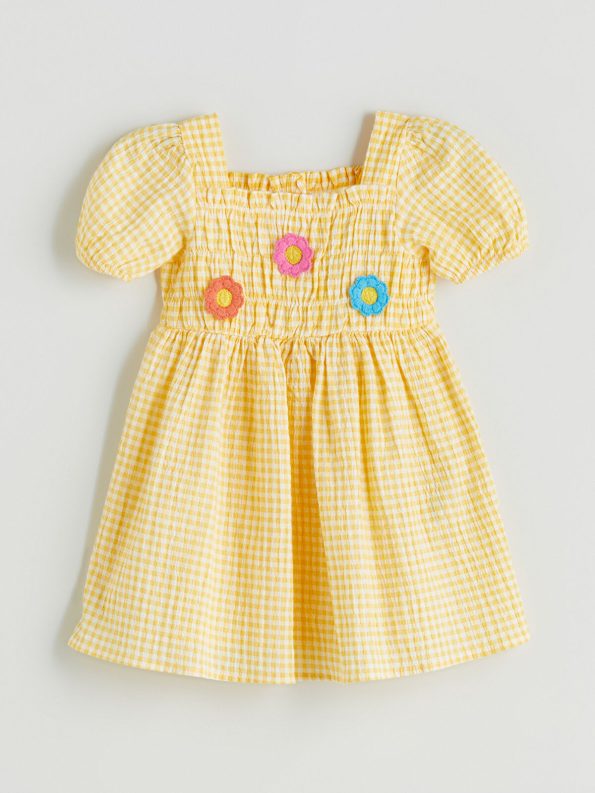 LCW Baby Orange Square Neck Short Sleeve Checkered Dress