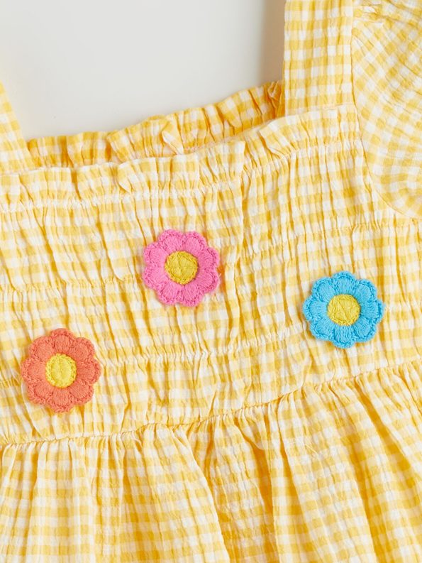 LCW Baby Orange Square Neck Short Sleeve Checkered Dress