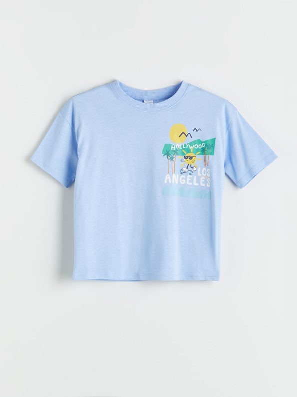 LCW Kids Blue Printed Crew Neck T-Shirt for Boys