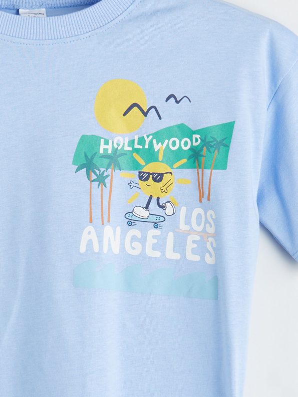 LCW Kids Blue Printed Crew Neck T-Shirt for Boys