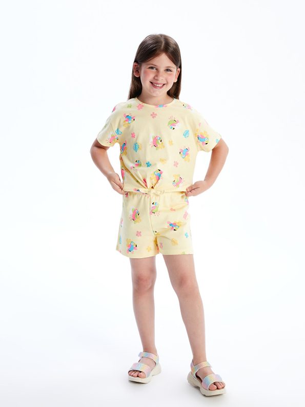 LCW Kids Yellow Elastic Waist Printed Girl's Shorts