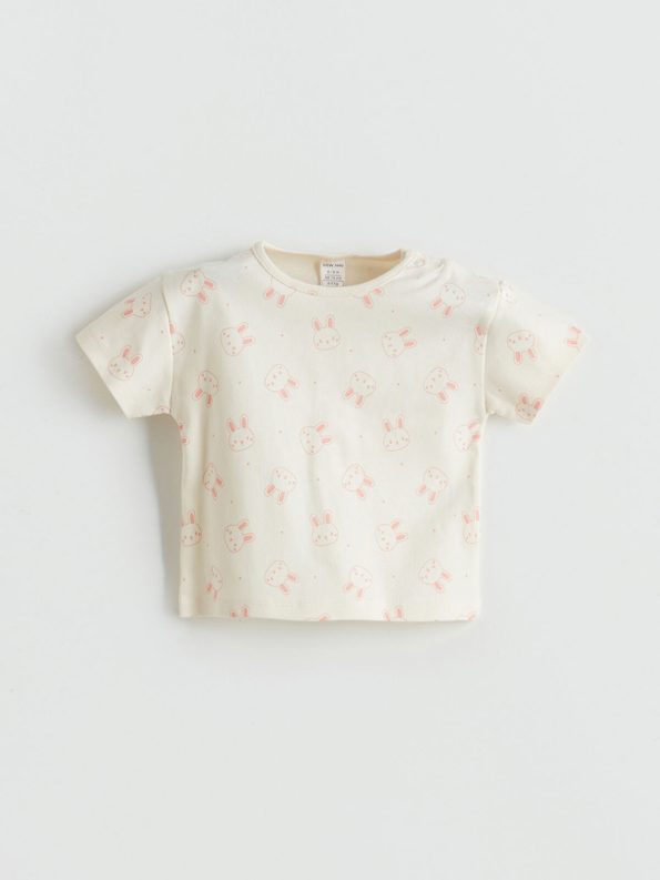 LCW Baby Cream Printed Short Sleeve T-Shirt and Shorts Set