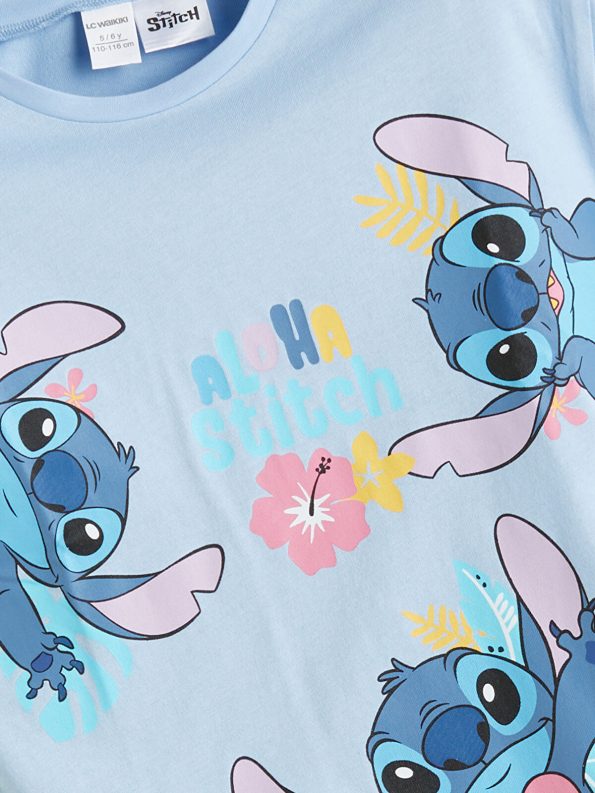 LCW Kids Blue Crew Neck Lilo & Stitch Printed T-Shirt
