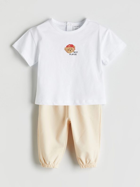 LCW Baby Cream Bear Teddy Printed Boys' T-Shirt and Pants Set
