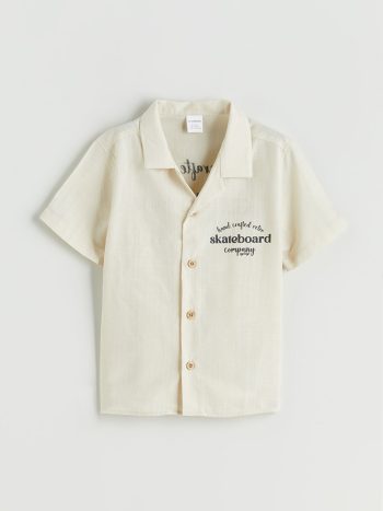 LCW Kids Beige Resort Collar Printed Boys' Shirt