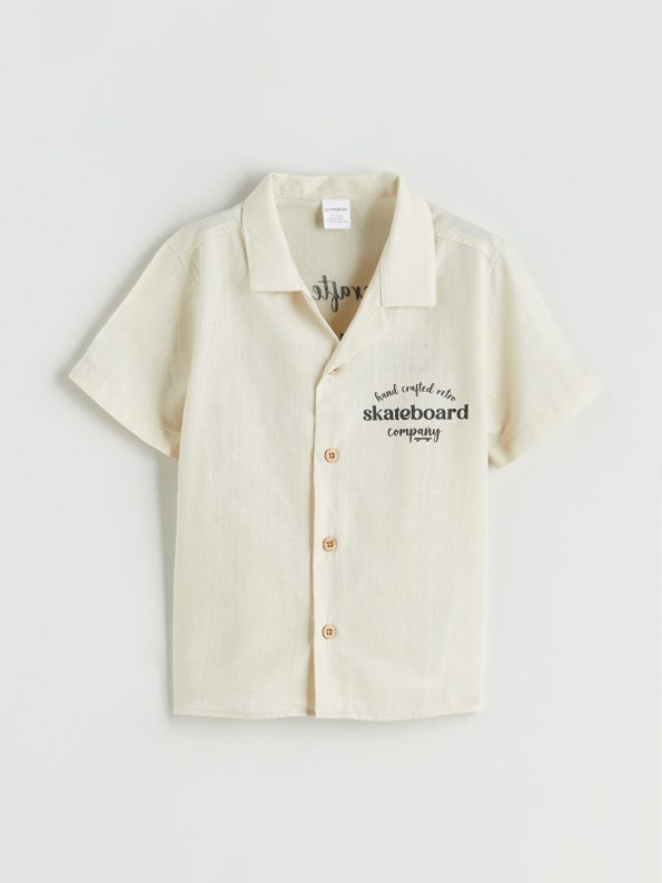 LCW Kids Beige Resort Collar Printed Boys' Shirt