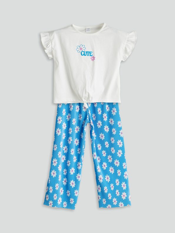 LCW Kids Blue Floral Print T-Shirt and Leggings Set