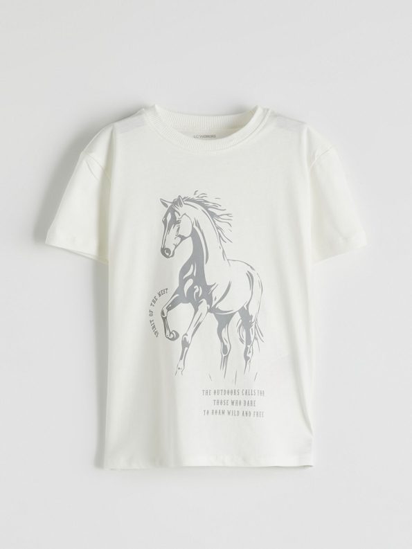 LCW Kids White Crew Neck Printed T-Shirt for Boys