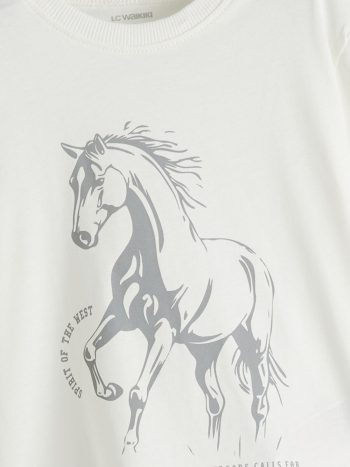 LCW Kids White Crew Neck Printed T-Shirt for Boys