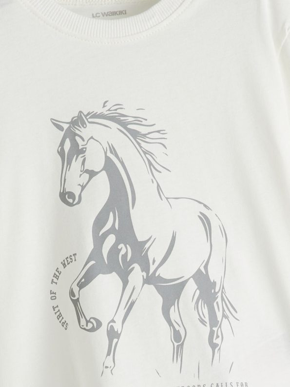 LCW Kids White Crew Neck Printed T-Shirt for Boys