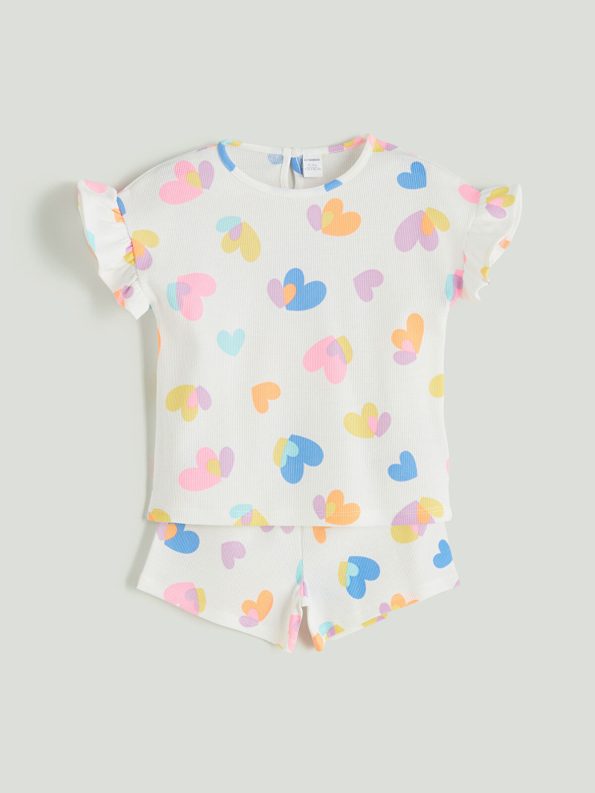 LCW Kids Cream Heart Print Girl's Blouse and Shorts Set