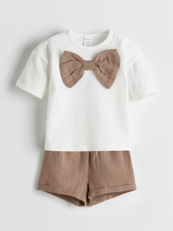 LCW Baby Cream Ribbon Detail Girls' T-Shirt and Shorts Set
