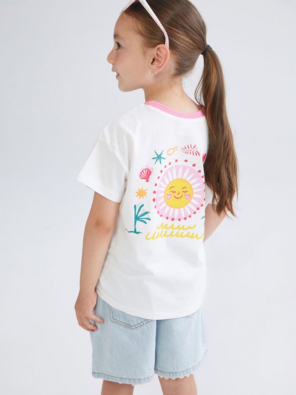 LCW Kids Cream Bicycle Neck Printed T-Shirt for Girls