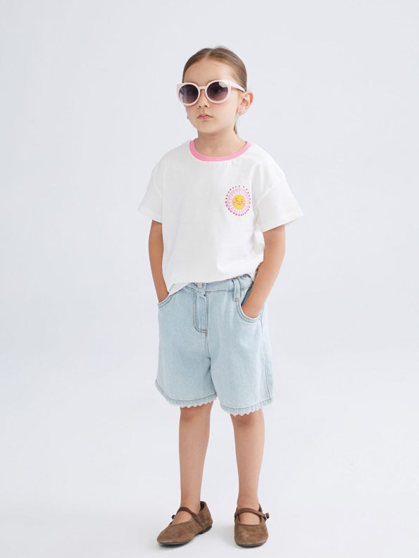 LCW Kids Cream Bicycle Neck Printed T-Shirt for Girls