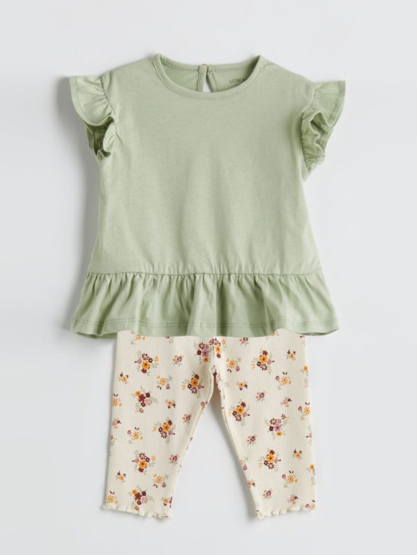 LCW Baby Green Girls' T-Shirt and Floral Leggings Set