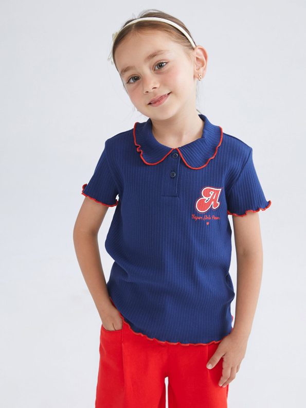 LCW Kids Navy Blue Polo Collar Printed T-Shirt