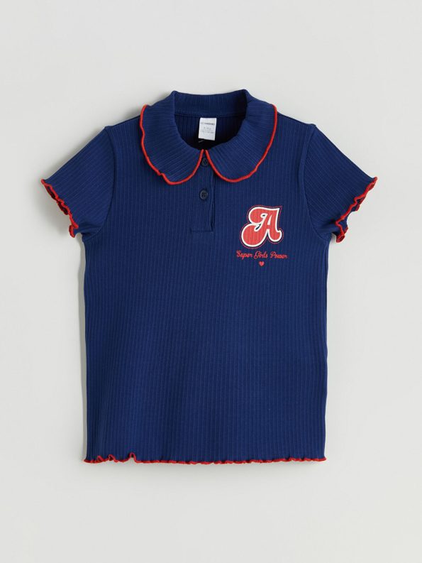LCW Kids Navy Blue Polo Collar Printed T-Shirt
