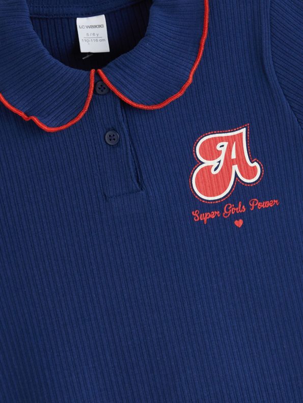 LCW Kids Navy Blue Polo Collar Printed T-Shirt