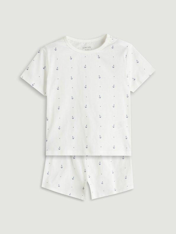 LCW Baby Cream Printed Boys T-Shirt and Shorts Set