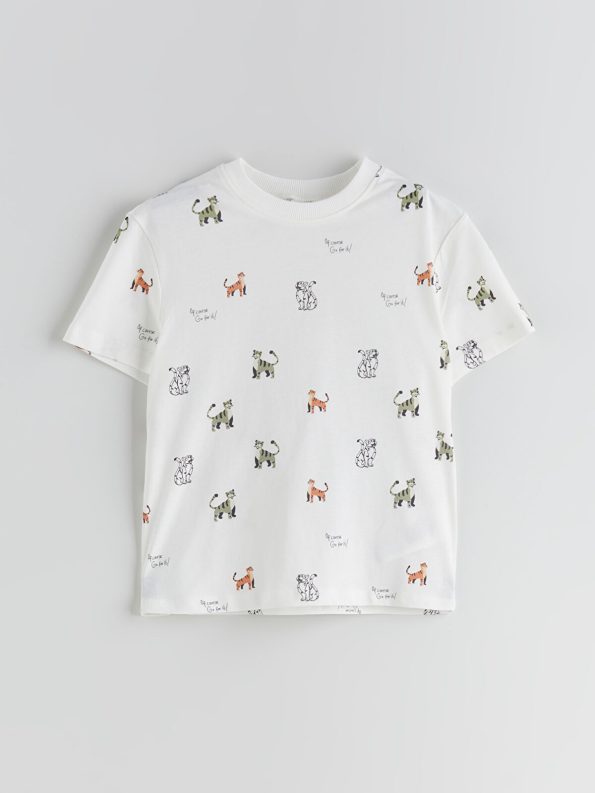 LCW Kids Ecru Printed Crew Neck T-Shirt for Boys